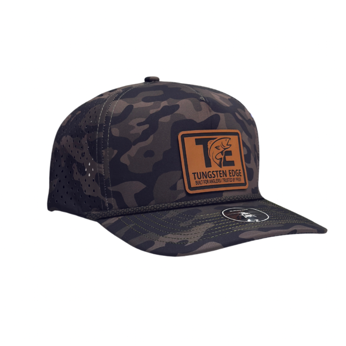 Camouflage-patterned cap with a brown patch on a white background