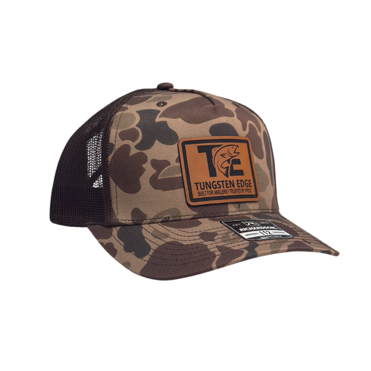 Camouflage-patterned cap with a logo on a white background